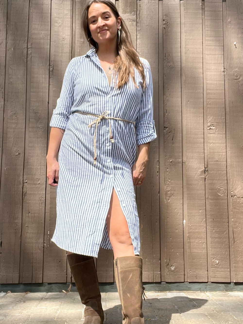 Striped Button-Front Midi Button Down Shirt Dress in Navy and White Belted 36